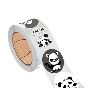 Roll of round cartoon panda reward stickers for kids featuring various cute poses