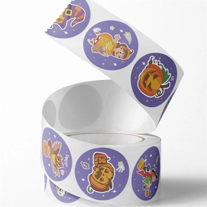 Halloween purple round roll stickers featuring hand-drawn pumpkin and witch illustrations