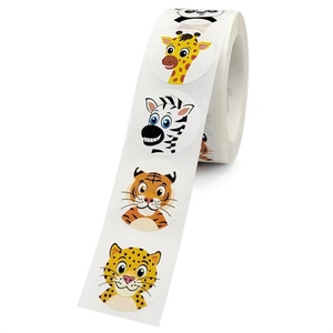 Detail of round cartoon animal stickers roll featuring giraffe zebra and tiger patterns