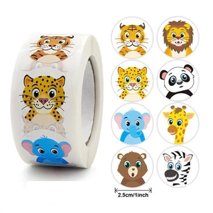 Close-up of 8 cartoon animal reward stickers on a roll with 1 inch diameter size label