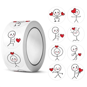 Detail view of round cartoon stick figure stickers with red hearts on a roll