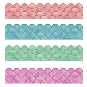 Detail of scalloped bulletin board borders in pearl gradient pink, blue, green, and purple