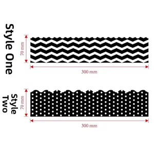 Detail of scalloped classroom borders with black and white stripes and polka dot patterns