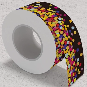 Detail of adhesive border stickers with colorful geometric patterns on black background