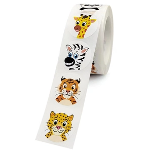 Roll of colorful round cartoon animal stickers featuring panda tiger and zebra for kids