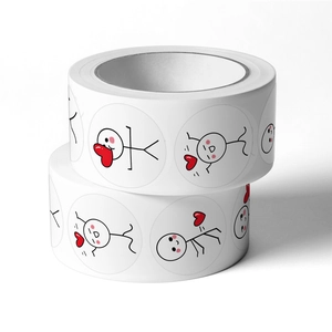 Two rolls of cute stickman circle stickers with red hearts for sealing and journals