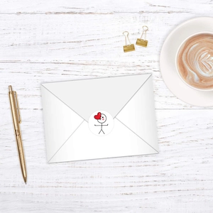 Cute round stickman seal stickers with red heart on white envelope for crafts