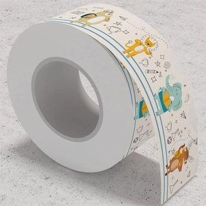 Close-up of rolled bulletin border stickers featuring cute cartoon animal illustrations