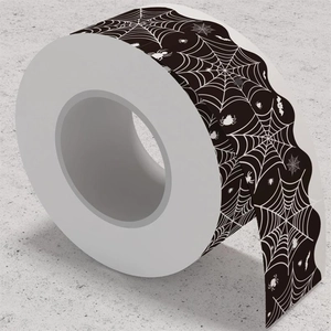 Detail of scalloped spider web border trim sticker roll for Halloween bulletin board decor