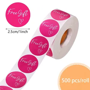 Roll of 500 pink 1-inch Free Gift stickers for packaging with heart design