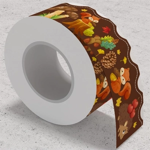 Detail of wavy autumn border sticker with squirrel, hedgehog and fall leaves motifs