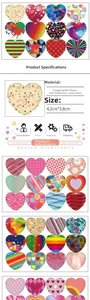 Detail of heart-shaped stickers featuring geometric patterns on coated paper, 4.2x3.8cm size