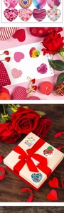 Detail of assorted heart-shaped stickers with floral and polka dot patterns for gift wrapping