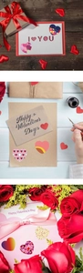 Detail of Valentine's Day heart stickers and greeting cards with red roses decoration