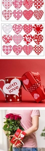 Macro shot of assorted heart-shaped Valentine stickers on gift boxes and card envelopes