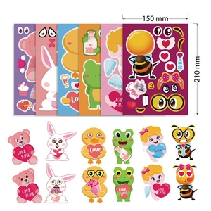 Detail view of 6 cartoon Valentine puzzle stickers featuring animals and cupids, 150x210mm size