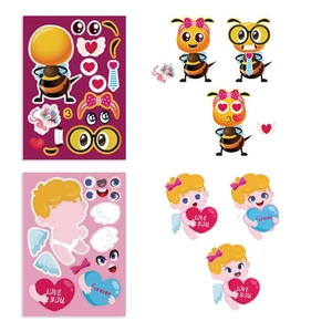 DIY Valentine puzzle stickers showing Cupid and bee designs with mix-and-match facial features