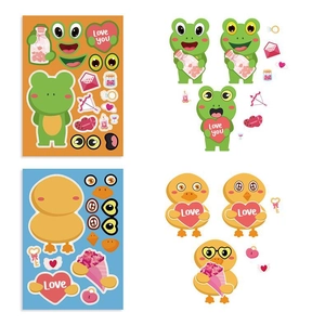 Cartoon Valentine DIY stickers featuring frog and chick designs with romantic heart elements