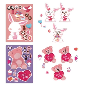 DIY Valentine's Day stickers featuring cartoon rabbit and pink bear with craft accessories