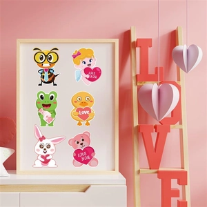 Detail of six cartoon animal Valentine stickers with hearts in a light wood frame