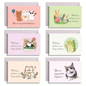 Flat lay of six cartoon animal greeting cards with envelopes in soft macaron colors