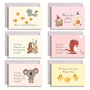 Flat lay of 6 cute animal greeting cards with lavender envelopes for kids' celebrations