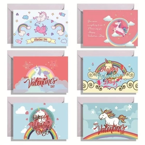 Detailed set of 6 cartoon unicorn Valentine cards with white envelopes in pastel colors