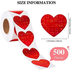 Detail view of 1.5 inch red heart XOXO stickers roll with dimension markings and 500 count