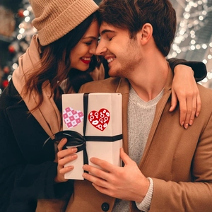DIY Heart Stickers with pink checkerboard and red patterns on white gift box