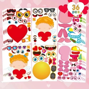 Detailed view of 36 piece set DIY Valentine stickers featuring angel and heart patterns