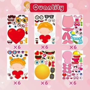 Detail view of 6 DIY Valentine Cupid sticker styles with faces and heart accessories