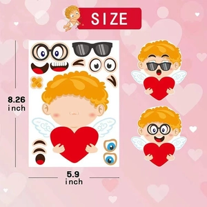 Detail of DIY Cupid Valentine stickers showing assembly parts and 5.9x8.26 inch size
