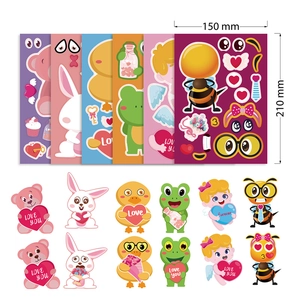 6-pack DIY Valentine's cartoon stickers set with animals and puzzle effects 150x210mm