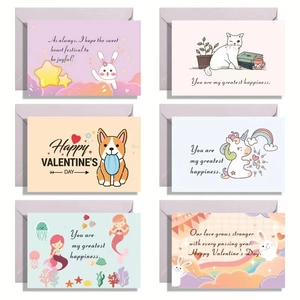 Set of 6 cartoon animal Valentine's Day folding cards with purple envelopes for kids