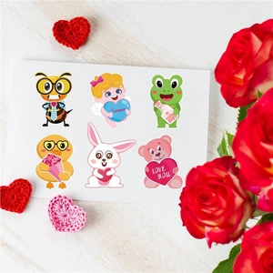 Cartoon Valentine DIY sticker set featuring 6 characters with roses and crochet hearts
