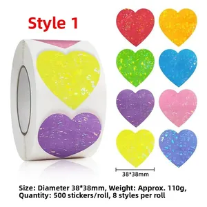 Detail of 8 laser holographic heart stickers with size and specification details