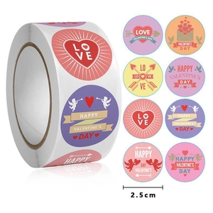 Detail of 2.5cm Valentine's stickers showing 8 patterns including hearts and Cupid