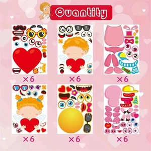 Set of 36 Valentine Cupid DIY stickers for kids with various facial features and hearts