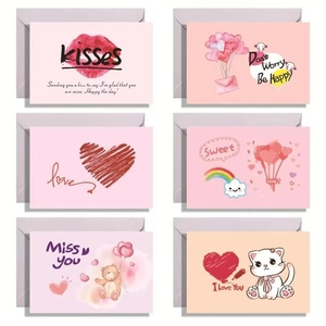 Set of 6 cute Valentine's Day cards featuring pink animals and romantic heart patterns