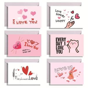 Set of six cute pink Valentine's Day cards with animals and heart patterns with envelopes