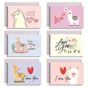 Detailed set of six cute alpaca Valentine's Day greeting cards with soft gray envelopes