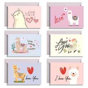 Pink cartoon alpaca Valentine cards set with envelopes for kids, 6 unique designs