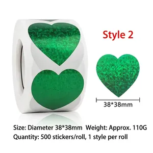 Green holographic heart laser stickers roll 500 labels 38mm for Valentine gift decor