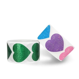 Holographic heart stickers in multi-color laser finish rolls for gift packaging