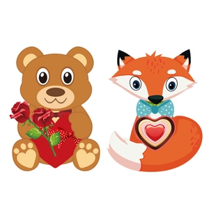 DIY Valentine's Day stickers featuring a cute cartoon bear and fox with red hearts