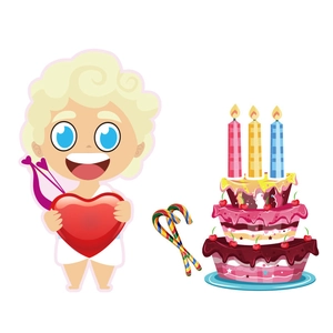 DIY Valentine stickers featuring Cupid, festive candy canes and a tiered birthday cake
