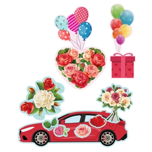 DIY Valentine's Day heart stickers with rose clusters and festive party balloon patterns