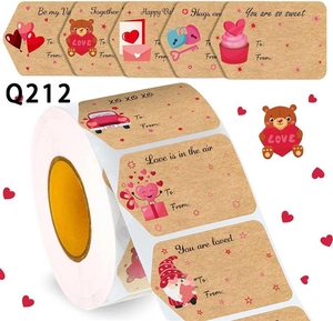 Detail of kraft paper Valentine heart stickers with To and From fields on a roll