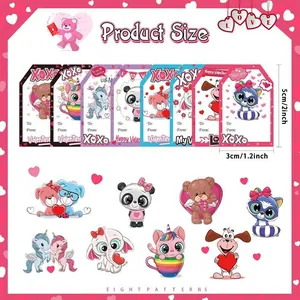 Detailed size guide for 8 patterns of Valentine's heart gift tags with animal illustrations