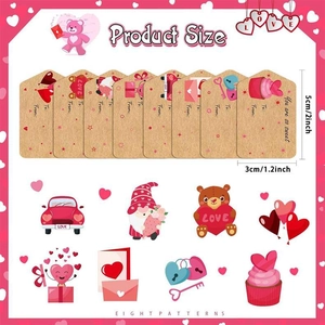 Detail of 8 heart-themed Valentine's gift tags showing 5x3cm dimensions and kraft texture